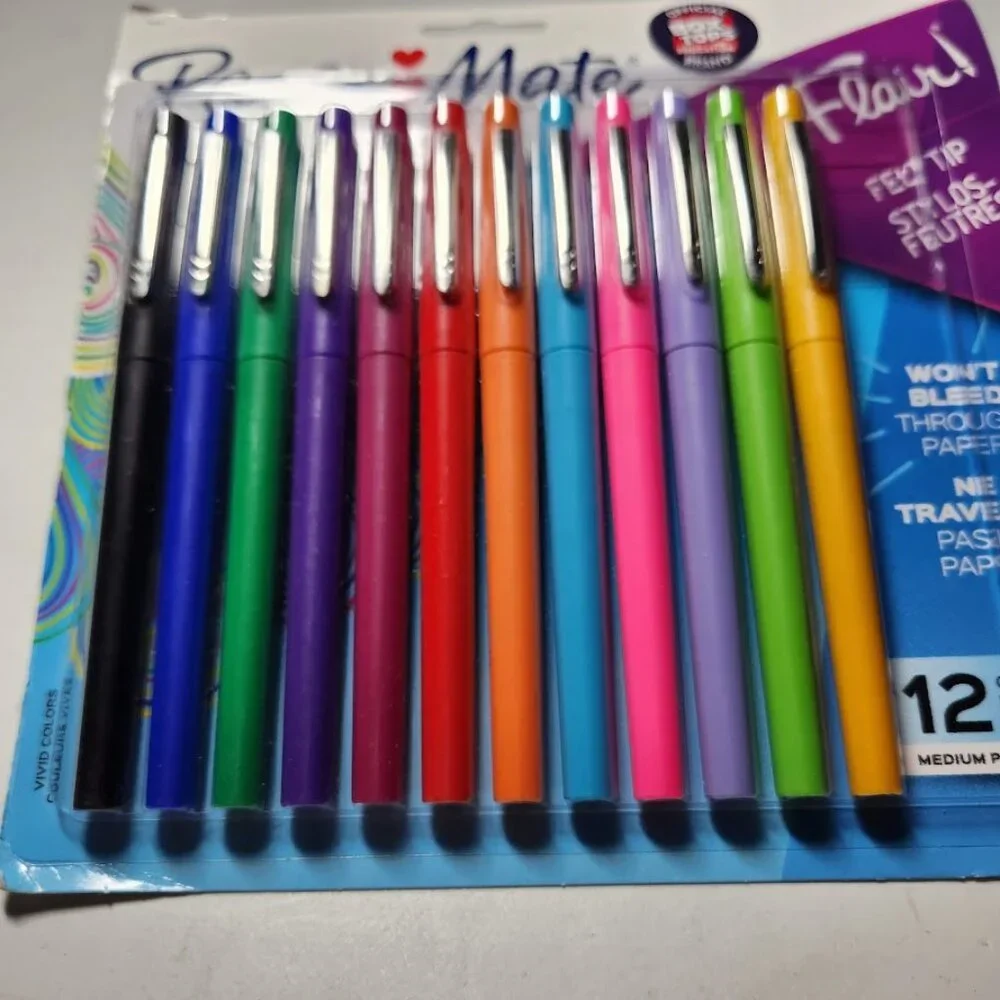 Paper Mate Flair Felt Tip Pens Medium Point (0.7mm) 12 count Markers New Ink col